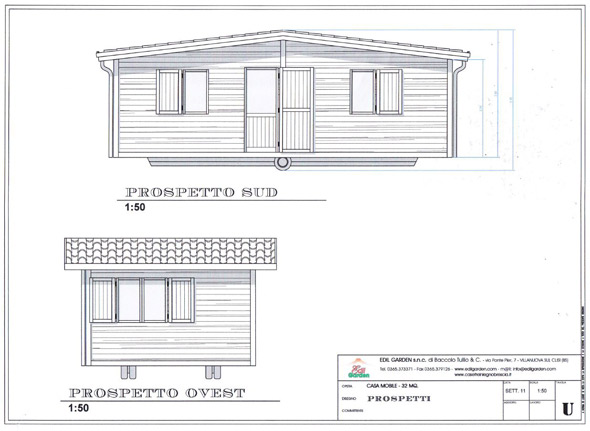 Casa mobile prefabbricata in legno su pianale in acciaio con ruote - Mq. 32 - Esterno - Disegno tecnico - clicca per ingrandire